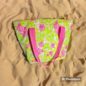 Lilly Pulitzer vinyl lined tote pink floral neon green fish